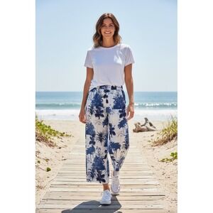 C&C California linen Pants Womens Sz L Blue White Tropical Palm Wide-Leg coastal